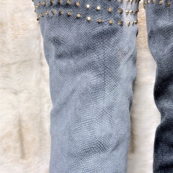 So Me Blue Studded Thigh High Pointy Toe High Heel Boots - Picture 10 of 11